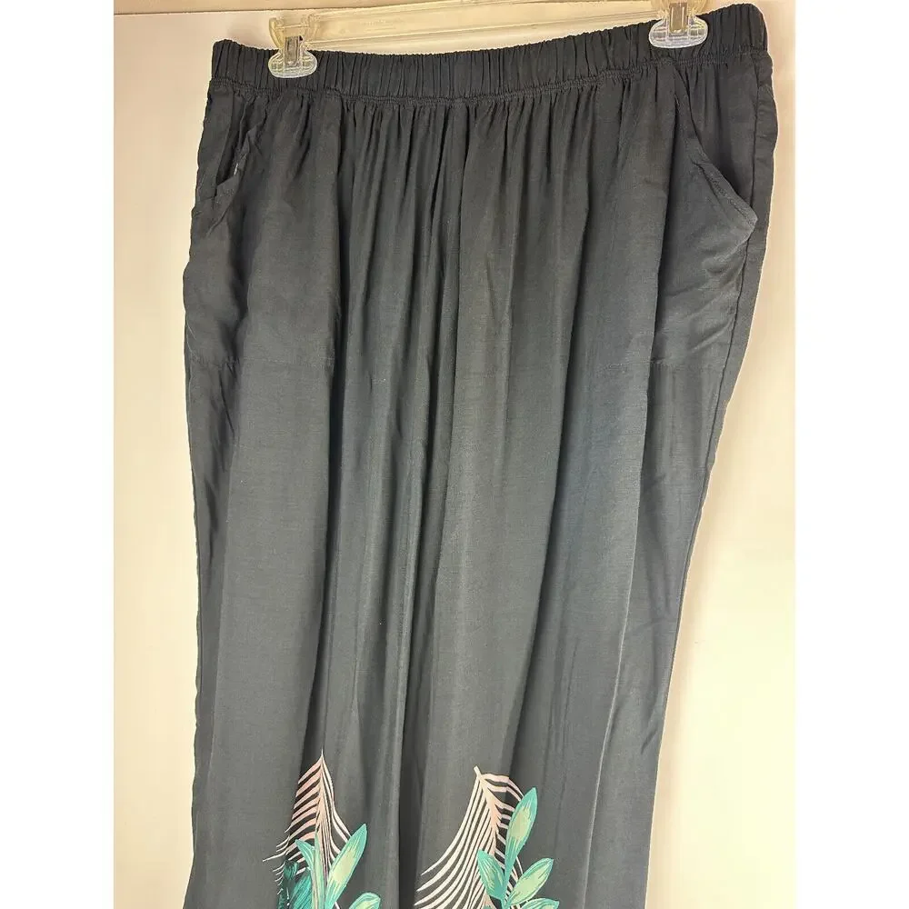NWT Swim by Cacique Wide Leg Lounge Pants Black Tropical Print Plus Size 26/28 - Picture 11 of 13